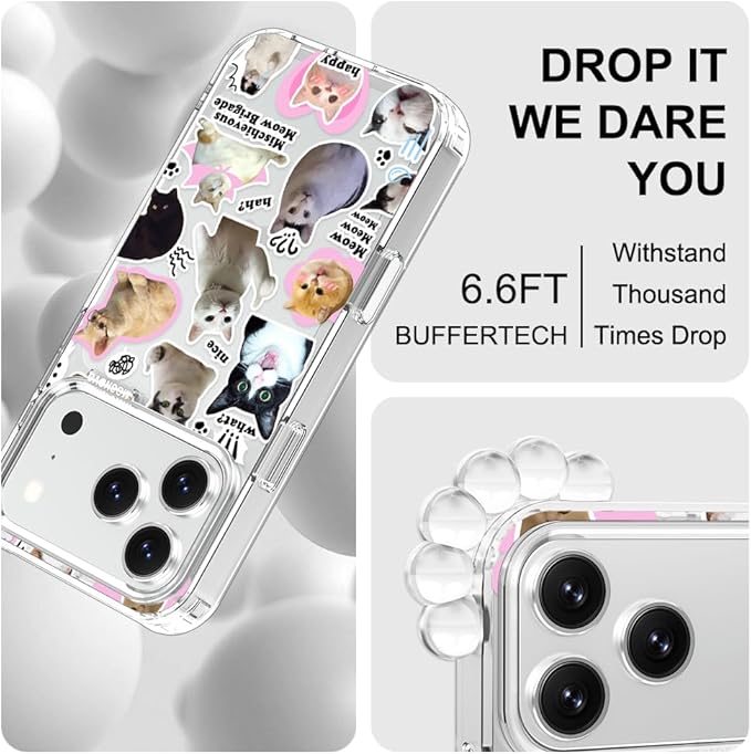 MOSNOVO for iPhone 17 Pro Case | Military Grade 6.6ft Drop Tested | Camera Control | Clear with The Cat Brigade Design