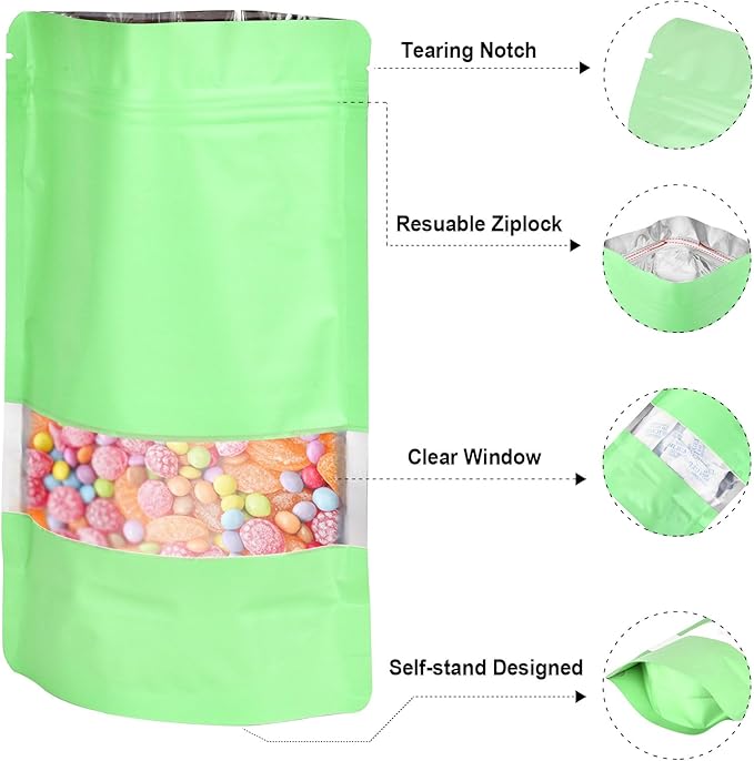 4.7"x7.8" 120pcs Mylar Bags for Food Storage,Smell Proof Bag with Matte Window Resealable Food Storage Bags for Small Business, Stand-up Foil Pouch Packaging Freeze Dried Candy Bag(Light Green)