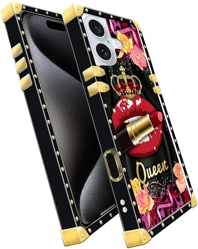 Compatible with iPhone 16 Plus Case, Queen Lip Crown Leopard Print Luxury Golden Decoration for Girl Women Soft TPU Shockproof Protective Hard PC Back for iPhone 16 Plus