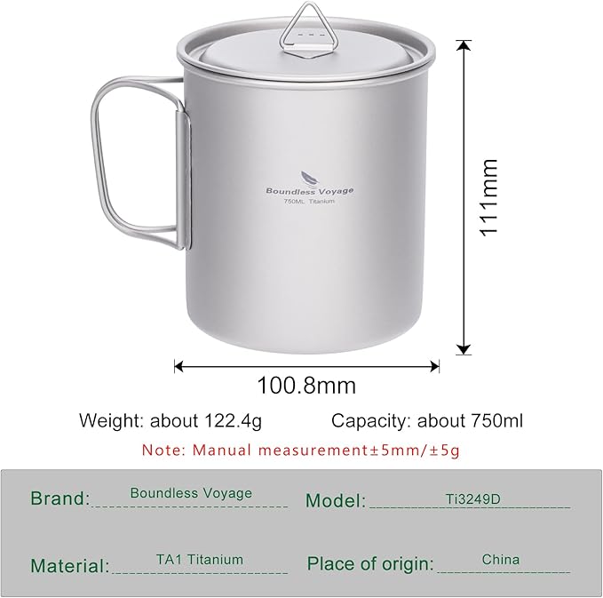Boundless Voyage Titanium Camping Mug with Lid 300ml 450ml 750ml Lightweight Folding Handle Cup for Outdoor Backpacking Hiking Travel Durable Portable (750ml)