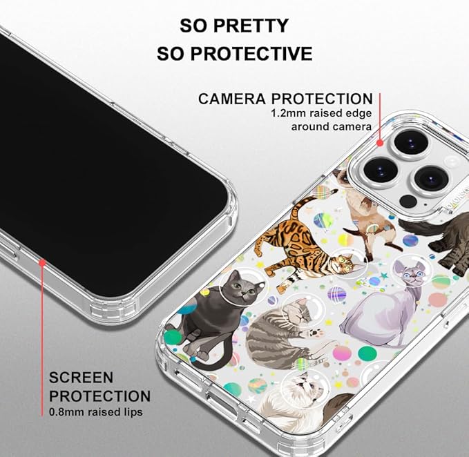 MOSNOVO Case for iPhone 16 Pro, [Buffertech 6.6ft Military-Grade Drop Protection] [Anti Peel Off Tech] Clear TPU Bumper Phone Case Cover Design - Space Cat