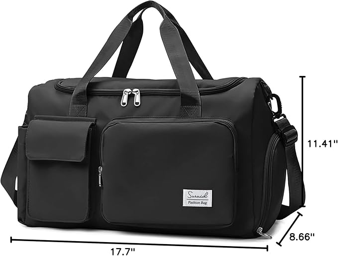 Suruid Sports Gym Duffel Bag with Shoes Compartment and Dry Wet Separated Pocket for Men and Women - Overnight Weekender Training Handbag Yoga Bag - Black