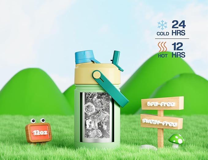 12 oz Kids Insulated Water Bottle for School: 2-in-1 Straw Spout Lid, Leakproof, BPA-Free, Keep Cold 24H, Reusable Stainless Steel Cup for Travel, Camping, Birthday Gift for Boys Girls (Pine Sprout)