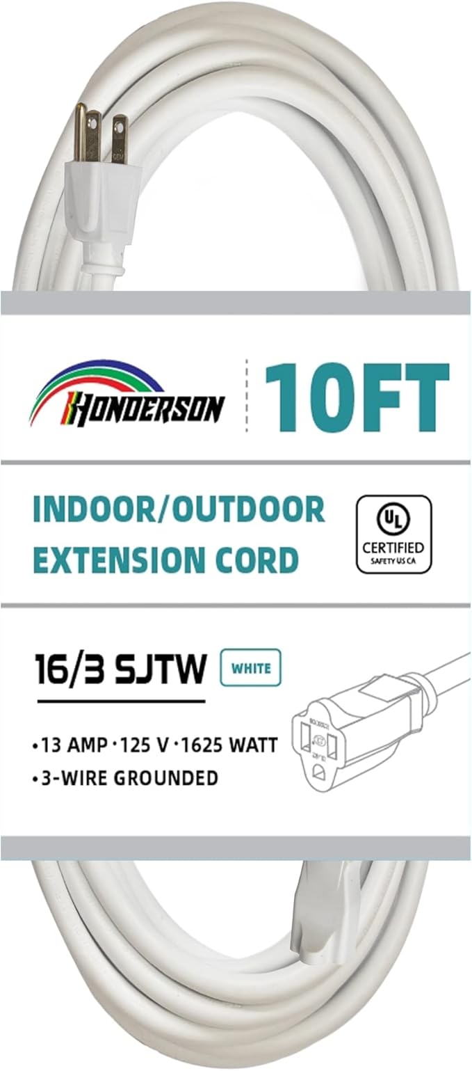 Indoor Outdoor Extension Cord Weatherproof, UL Certified, 16 Gauge 10FT White 3 Prong Heavy Duty, 16/3 SJTW 13A Power Cord for Outdoor Lights, Appliances, Lawn