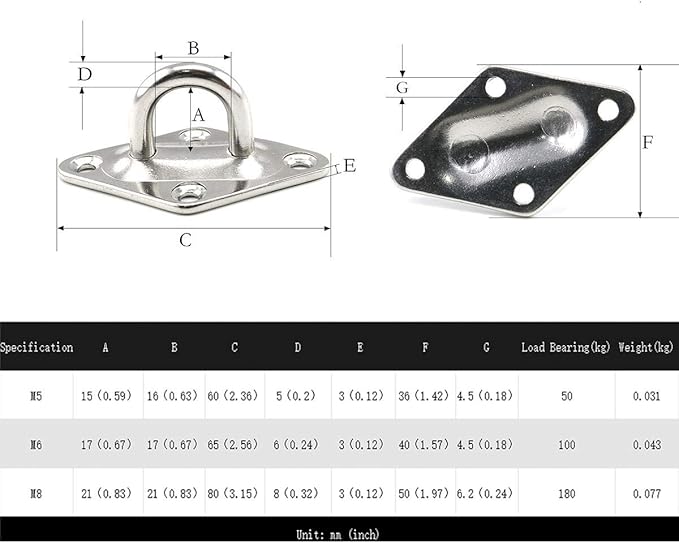 heyous 2 Set M8 Suspension Ceiling Wall Mount U Hook Anchor Hanger Stainless Steel Heavy Duty Multi Purpose Hammock Swing Ceiling Hook Rhombic Base Plate with Snap Hook
