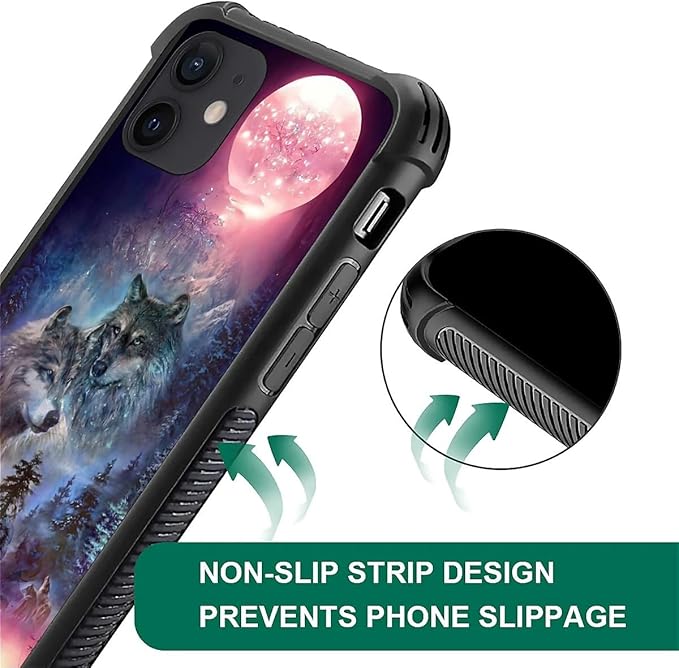 for iPhone 12/12 Pro Case, Star Two Wolfs Howling Pattern Graphic Design Girl Boy Soft Silicone Hard Acrylic Shock Protection for iPhone 12/12 Pro