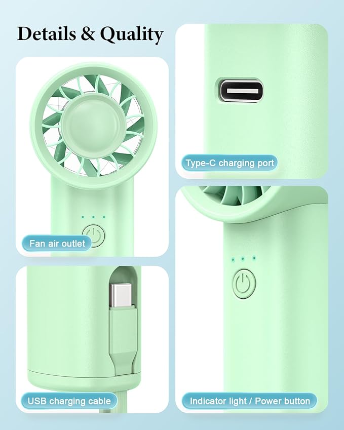 Portable Handheld Fan with Power Bank(High-Speed),3 IN 1 USB Rechargeable Mini Personal Fan with Flashlight,Small Size for Outdoor/Travel/Beach/Concerts/Summer.Gifts for Girl,Women.Green