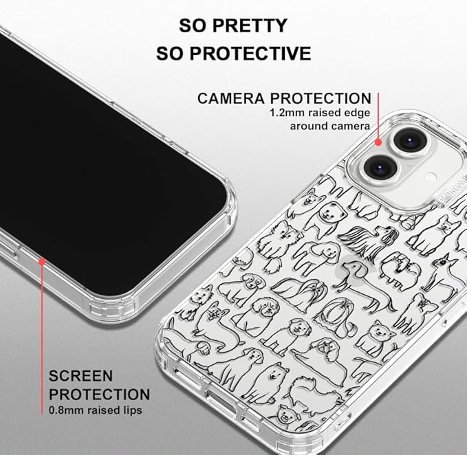 MOSNOVO Case for iPhone 16 Plus, [Buffertech 6.6ft Military-Grade Drop Protection] [Anti Peel Off Tech] Clear TPU Bumper Phone Case Cover Design - Doodle Dog