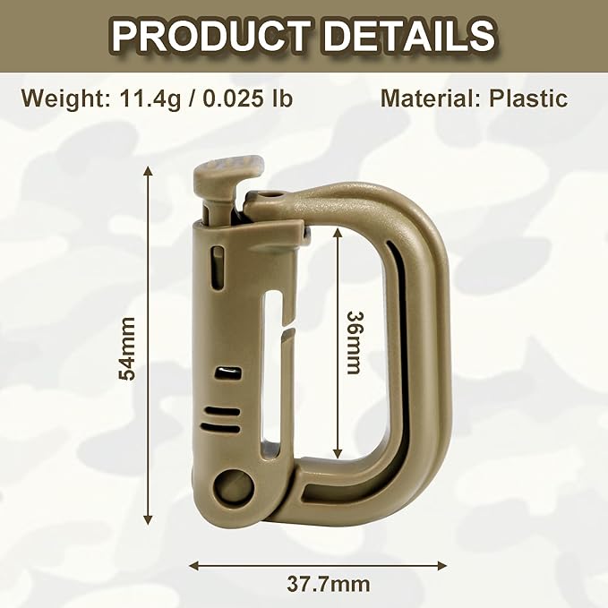 6 Pack 2.12“ Tactical Locking D Ring Plastic Carabiner Backapck Molle Hook Clip for Webbing Straps Bag