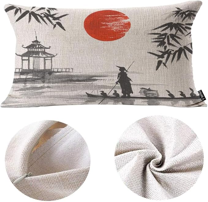 EKOBLA Throw Pillow Case 12x20 Inch Japan Traditional Japanese Painting Man with Boat Full Moon Cotton Linen Cushion Case for Sofa Couch 12x20 Inches