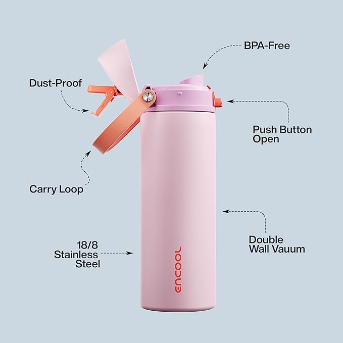 Insulated Water Bottle with Straw - Encool Stainless Steel Water Bottle with Push Button Lid, Leak-Proof & BPA-Free, Keeps Cold for 24 Hours for Sports, Travel, Gym (40 oz, Lily-Red)