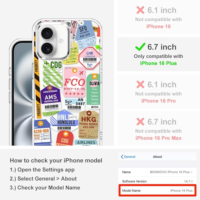 MOSNOVO Case for iPhone 16 Plus, [Buffertech 6.6ft Military-Grade Drop Protection] [Anti Peel Off Tech] Clear TPU Bumper Phone Case Cover Design - Air Ticket Labels