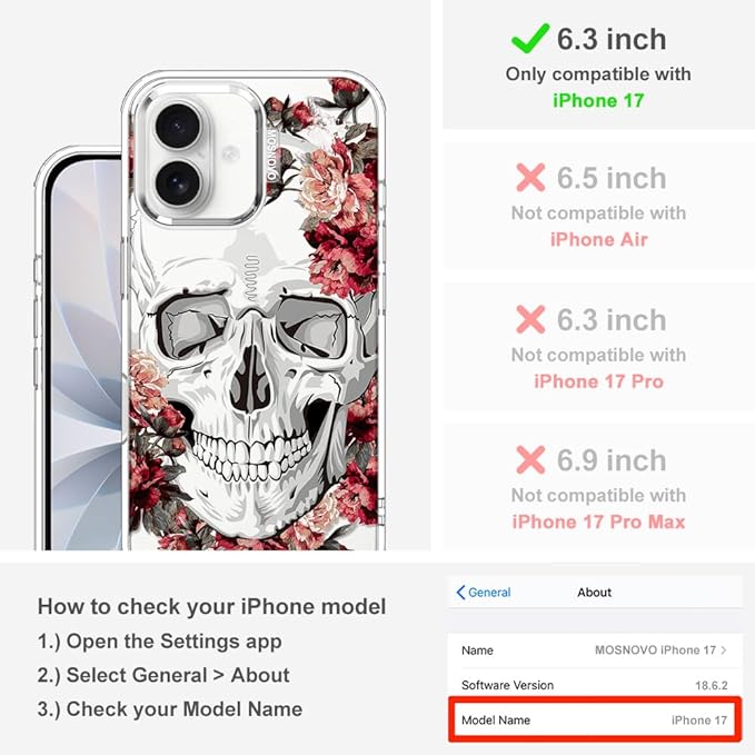 MOSNOVO for iPhone 17 Case | Military Grade 6.6ft Drop Tested | Camera Control | Clear with Red Flower Skull Design