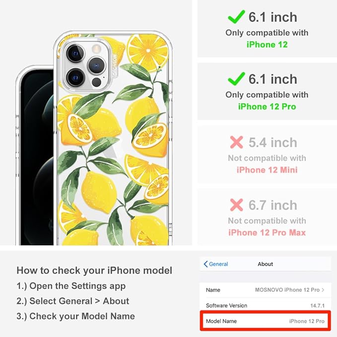 MOSNOVO Case for iPhone 12 & iPhone 12 Pro, [Buffertech 6.6ft Military-Grade Drop Protection] [Anti Peel Off Tech] Clear TPU Bumper Phone Case Cover Design - Lemon
