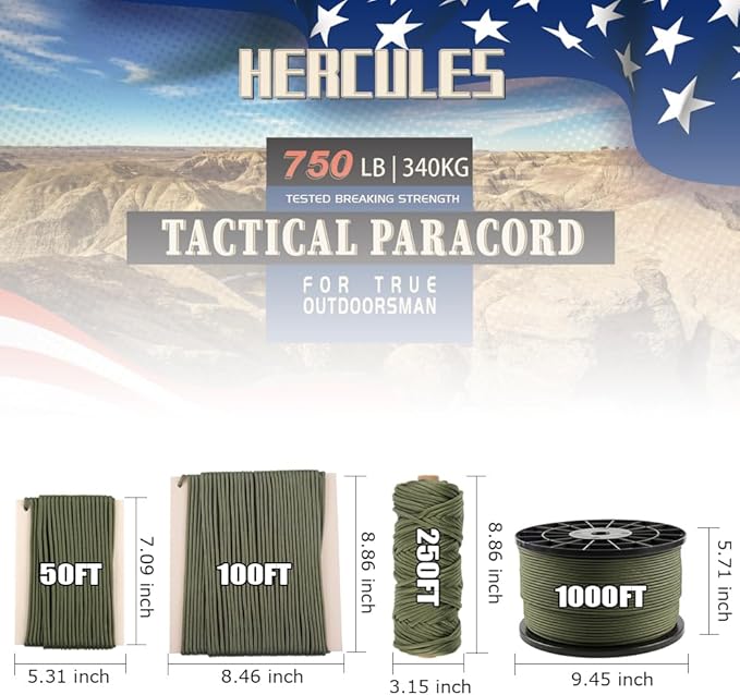 HERCULES 750lb Paracord 4mm 11 Strands Tactical Parachute Cord, 50' 100' 250' 1000' Utility Rope for Camping, Survival, Outdoor Gear (Army Green, 250FT)