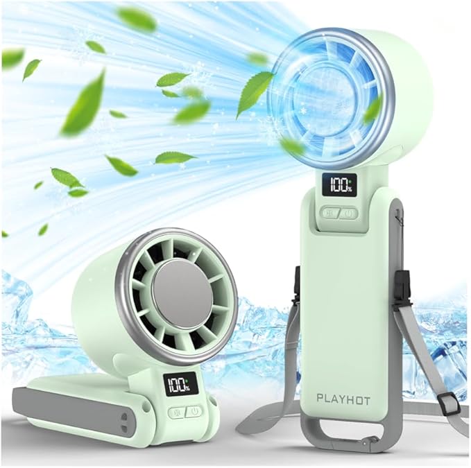 PlayHot Upgraded Portable Handheld Fan with 60°F Ice Cooling, Up tp 12Hrs Hand Held Portables Fans, 5 Speed 25550RPM Powerful Portable Fan Handheld, Hand/Neck/Desk Fan 3 IN 1(Green)