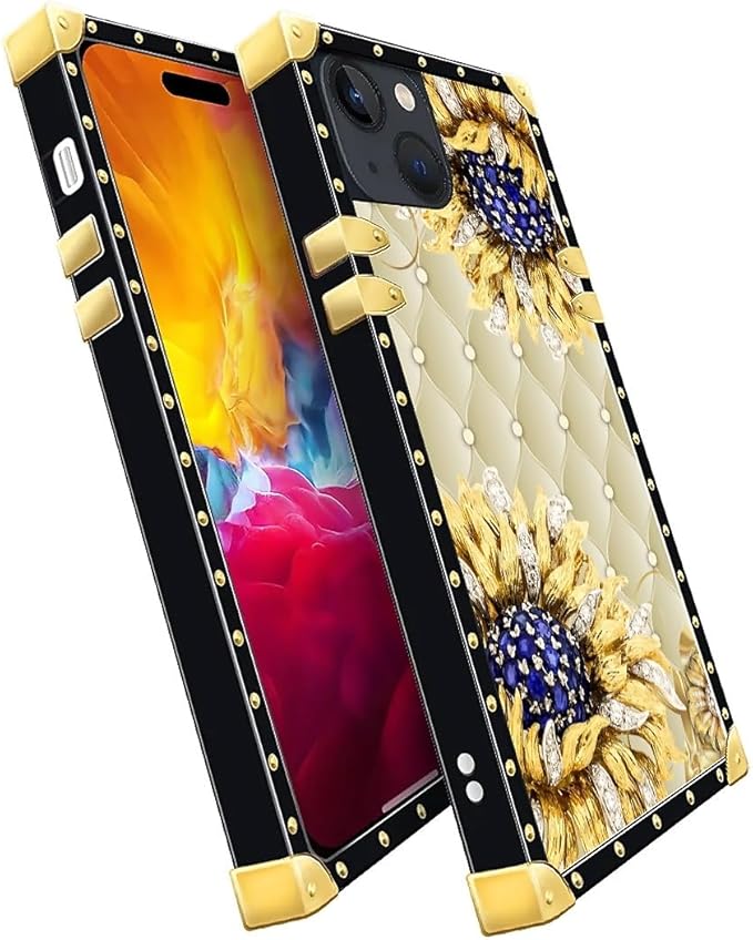 Compatible with iPhone 15 Case, Sunflower Diamonds Leather Luxury Golden Decoration for Girl Women Soft TPU Shockproof Protective Hard PC Back for iPhone 15
