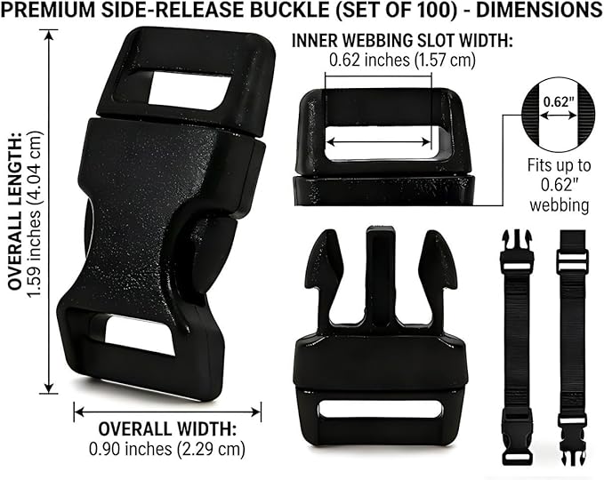 5/8" Black Plastic Side Release Buckle Curved Quick Release for DIY Bracelets, Backpacks, Dog Collars & Tactical Gear