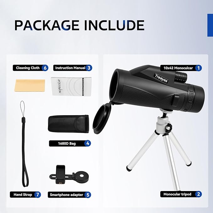 10x42 Monocular Telescope High Power HD, 330g Ultra-Lightweight & Portable, BAK4 Prism Metal Frame, with Phone Adapter Tripod for Bird Watching, Hunting, Travel, Concerts, Football Games