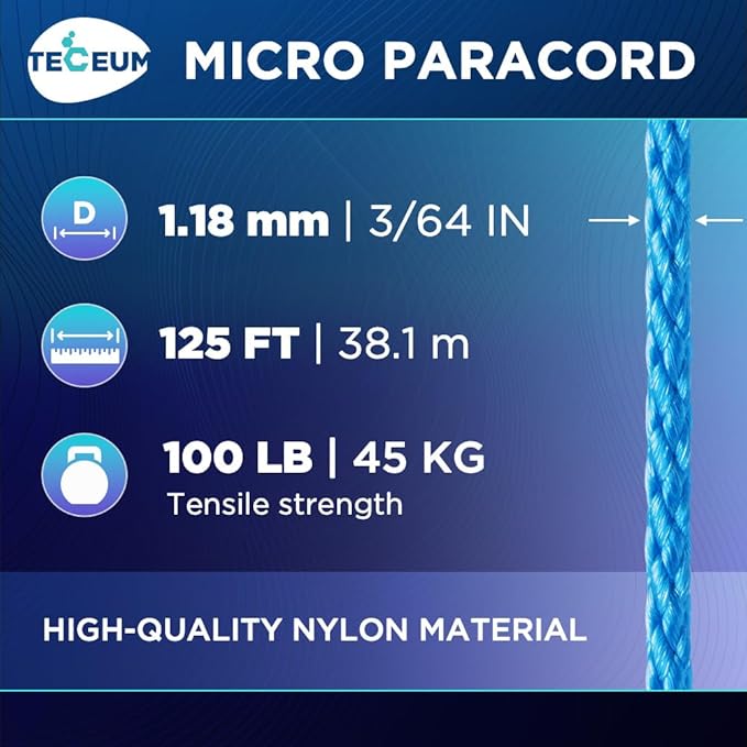 TECEUM Micro Paracord – 1.18 mm X 125 ft – Micro Utility Cord – Thin Braided Paracord Rope – Best for Crafting, DIY Projects, Fishing, Camping – Wind Chime Replacement – Survival Strong String