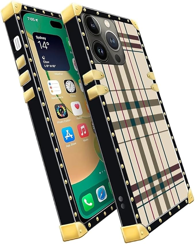 Compatible with iPhone 14 Pro Max Case, Black Red Beige Stripes Luxury Golden Decoration for Girl Women Soft TPU Shockproof Protective Hard PC Back for iPhone 14 Pro Max