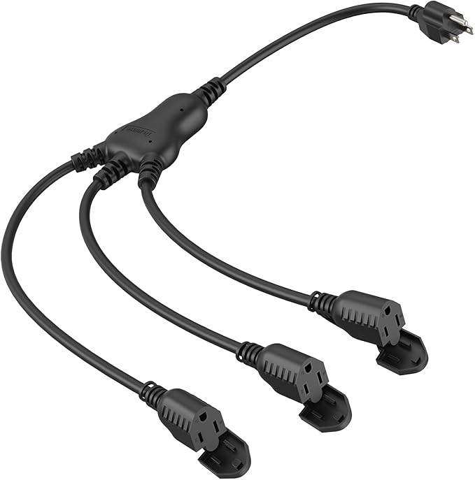 PLUGTUL Outdoor Extension Cord with Multiple Outlets, 1 to 3 Splitter Max 1.5FT End to Male Plug (Total 2.8FT) 16/3 SJTW Waterproof Power Cord for Indoor Outdoor Halloween Christmas, ETL Listed, Black