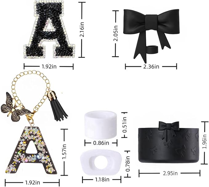 6pcs Black Stanley Cup Accessories Set, Bow Straw Topper for Stanley Cup 30oz 40oz, Including Straw Topper and Bow Silicone Boot, Stoppers Spill Proof, Handle Charm, Initials Sticker