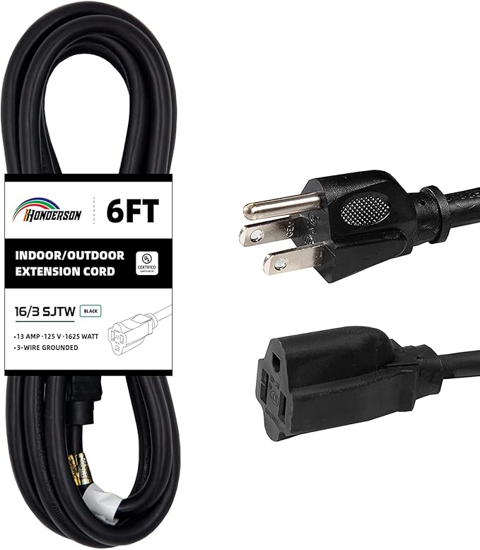 6FT Outdoor Extension Cord-16/3 SJTW Durable Black, 3 Prong Grounded Plug Power Cord for Safety,Great for Outside Christmas Decorations