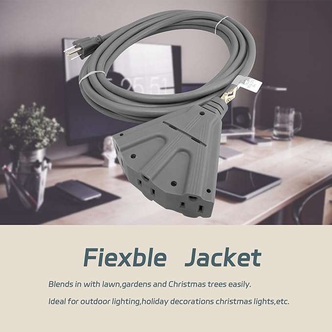 EP 50 Ft Outdoor Extension Cord with 3 Electrical Power Outlets - 16/3 SJTW Grey Cable with 3 Prong Grounded Plug for Safety Great for Christmas Lights, Garden and Major Appliances