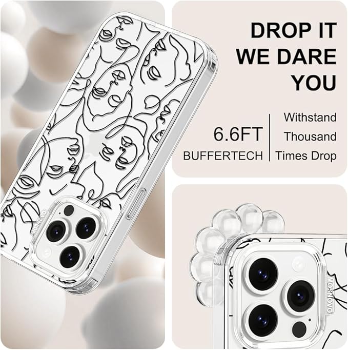 MOSNOVO Case for iPhone 13 Pro, [Buffertech 6.6ft Military-Grade Drop Protection] [Anti Peel Off Tech] Clear TPU Bumper Phone Case Cover Design - Abstract Face Line Art