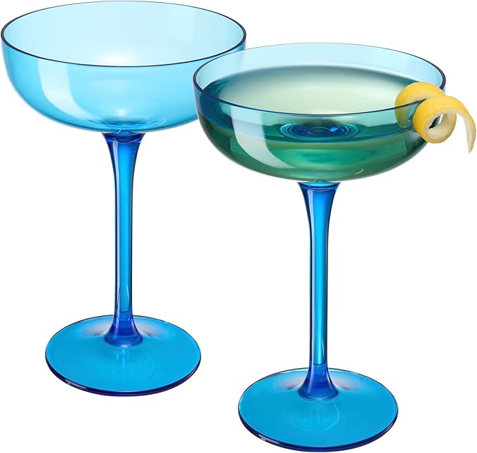 Acrylic Shatterproof Martini, Margarita, Champagne & Cocktail Unbreakable Glasses | Set of 2 | Large Plastic Coupe Glasses 15oz, Tritan Drinkware, BPA-free, Reusable, Pool, Indoor & Outdoor (Blue)