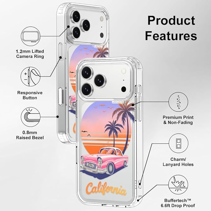 MOSNOVO for iPhone 17 Pro Max Case, Shockproof Military-Grade Protection 6.6ft Drop Tested, Camera Control, Clear Phone Case for iPhone 17 Pro Max, Cali Cruise Design