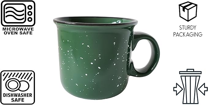14oz Ceramic Campfire Coffee Mug (Set of 4), Green with Speckled Finish - Durable Thick Walled Camping Style Cup for Outdoors or Home