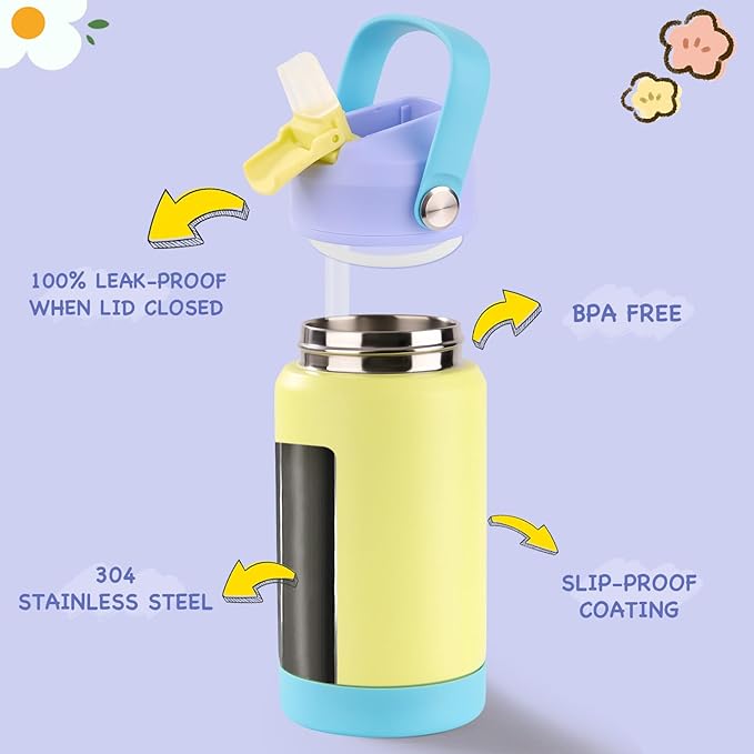 Kerilyn 12oz Kids Water Bottle, Stainless Steel Insulated Water Bottle for Kids, Toddler Cup with Straws Leak-Proof, Toddler Water Bottles for School Boys Girls, BPA Free, Cream