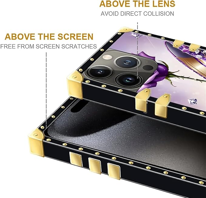Compatible with iPhone 16 Pro Max Case, High Heeled Purple Diamond Rose Luxury Golden Decoration for Girl Women Soft TPU Shockproof Protective Hard PC Back for iPhone 16 Pro Max