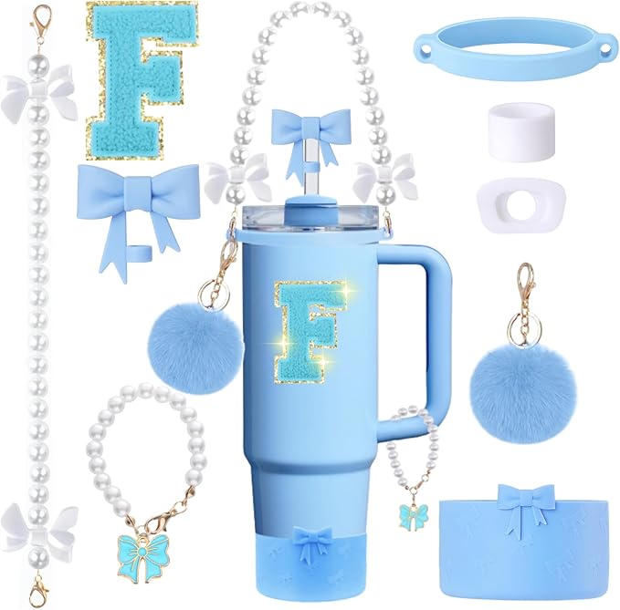 9pcs Stanley Cup Accessories Set- for 30oz 40oz Tumblers with Handle - Bule Kit Includes Bow Straw Topper and Boot, Charm, Pearl Handle Strap & Stickers - Aesthetic Girl Gifts (F)