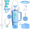 9pcs Stanley Cup Accessories Set- for 30oz 40oz Tumblers with Handle - Bule Kit Includes Bow Straw Topper and Boot, Charm, Pearl Handle Strap & Stickers - Aesthetic Girl Gifts (F)