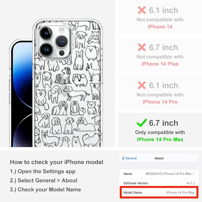 MOSNOVO Case for iPhone 14 Pro Max, [Buffertech 6.6ft Military-Grade Drop Protection] [Anti Peel Off Tech] Clear TPU Bumper Phone Case Cover Design - Doodle Dog