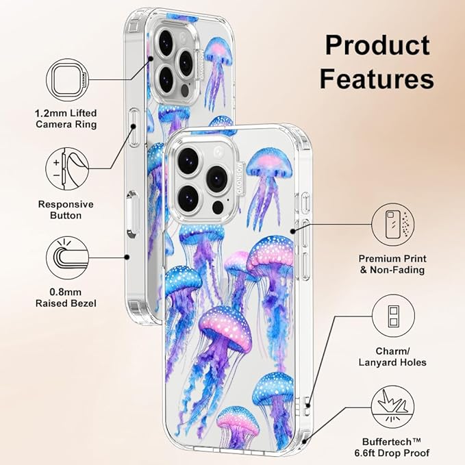MOSNOVO for iPhone 16 Pro Max Case, Shockproof Military-Grade Protection 6.6ft Drop Tested, Clear Phone Case for iPhone 16 Pro Max, Mystic Jellyfish Design