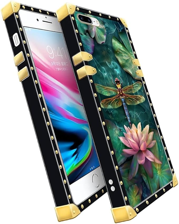 Compatible with iPhone 8 Plus 7 Plus Case, Colourful Dragonfly Pink Lily Pads Luxury Golden Decoration for Girl Women Soft TPU Shockproof Protective Hard PC Back