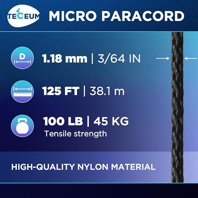 TECEUM Micro Paracord – 1.18 mm X 125 ft – Micro Utility Cord – Thin Braided Paracord Rope – Best for Crafting, DIY Projects, Fishing, Camping – Wind Chime Replacement – Survival Strong String