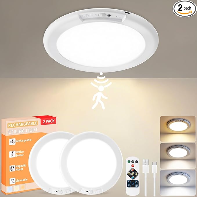 KYEKIO Rechargeable Ceiling Light 2Pack, 3 Color Magnetic Shower Lights with Remote, Wireless Dimmable Closet Light Battery Operated, LED Motion Sensor Lights for Pantry Shed Hallway Porch Stairs