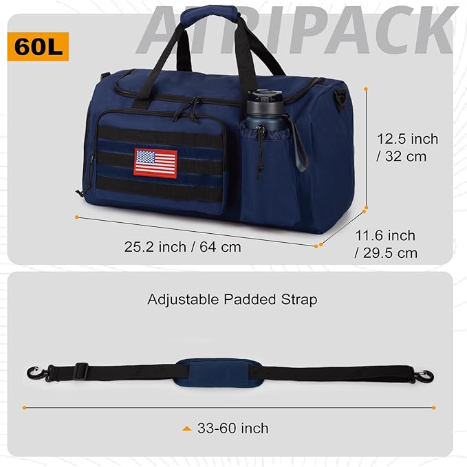 Tactical Gym Bag for Men, 60L Large Capacity Duffle Bags with Shoes Compartment, Sports Bag with wet compartment, Multi-functional Weekend Bags Suitable for Travel, Camping,hiking