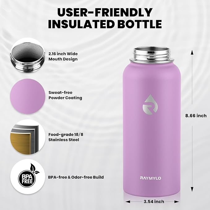 RAYMYLO Insulated Water Bottle 32 oz, Triple Wall Vacuum Stainless Steel (Cold for 24Hrs, Hot for 12Hrs), Leak Proof & Non-BPA, Modern Water Flask Jug with Paracord Handle & Straw Spout Lids