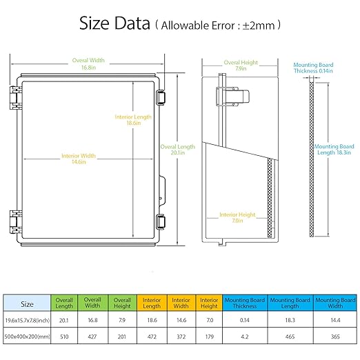 LeMotech Electrical Box, IP67 Waterproof Hinged Cover Stainless Steel Latch Junction Box, ABS Plastic Electrical Enclosure with Mounting Plate,Wall Brackets, Cable Glands,19.6"x15.7"x7.8",Grey