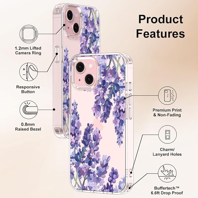 MOSNOVO Case for iPhone 15 Plus/iPhone 14 Plus, [Buffertech 6.6ft Military-Grade Drop Protection] [Anti Peel Off Tech] Clear TPU Bumper Phone Case Cover Design - Lavender