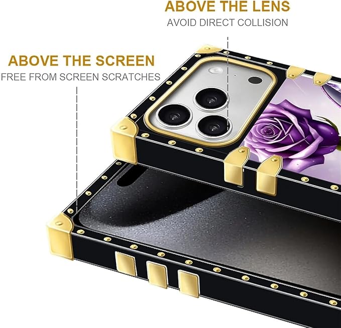 for iPhone 17 Pro Max Case Luxury Golden Decoration for Girl Women Soft TPU Shockproof Protective Hard PC Back for iPhone 17 Pro Max Crazy Pattern High Heeled Purple Diamond Rose