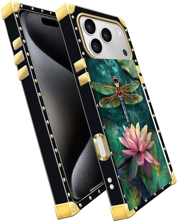 for iPhone 17 Pro Max Case Luxury Golden Decoration for Girl Women Soft TPU Shockproof Protective Hard PC Back for iPhone 17 Pro Max Crazy Pattern Colourful Dragonfly Pink Lily Pads