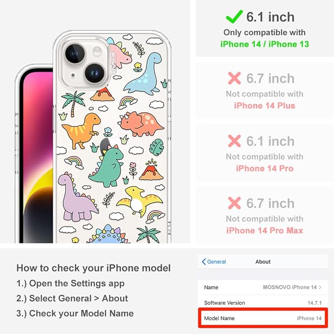 MOSNOVO for iPhone 13/14 Case | Military Grade 6.6ft Drop Tested | Clear with Dinosaur Land Design