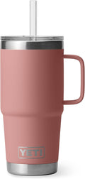 YETI Rambler 25 oz Tumbler with Handle and Straw Lid, Travel Mug Water Tumbler, Vacuum Insulated Cup with Handle, Stainless Steel, Sandstone Pink